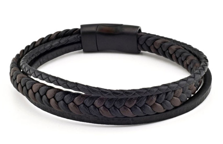 BLACK-BROWN LEATHER INTERTWINED BRACELET WITH 3 SINGLE LINES BY MENVARD MV1031