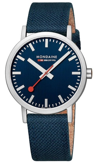 MONDAINE OFFICIAL SWISS RAILWAYS CLASSIC: LARGE SILVER-CASE WATCH WITH DEEP OCEAN BLUE SUSTAINABLE-STRAP A660.30360.40SBD